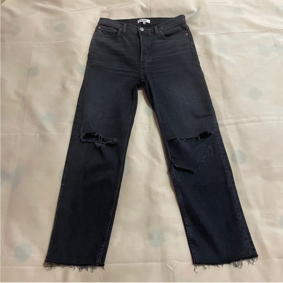 Re/Done- Original High Rise Loose In Washed Black With Rips And Raw Hem 29 - Picture 3 of 9